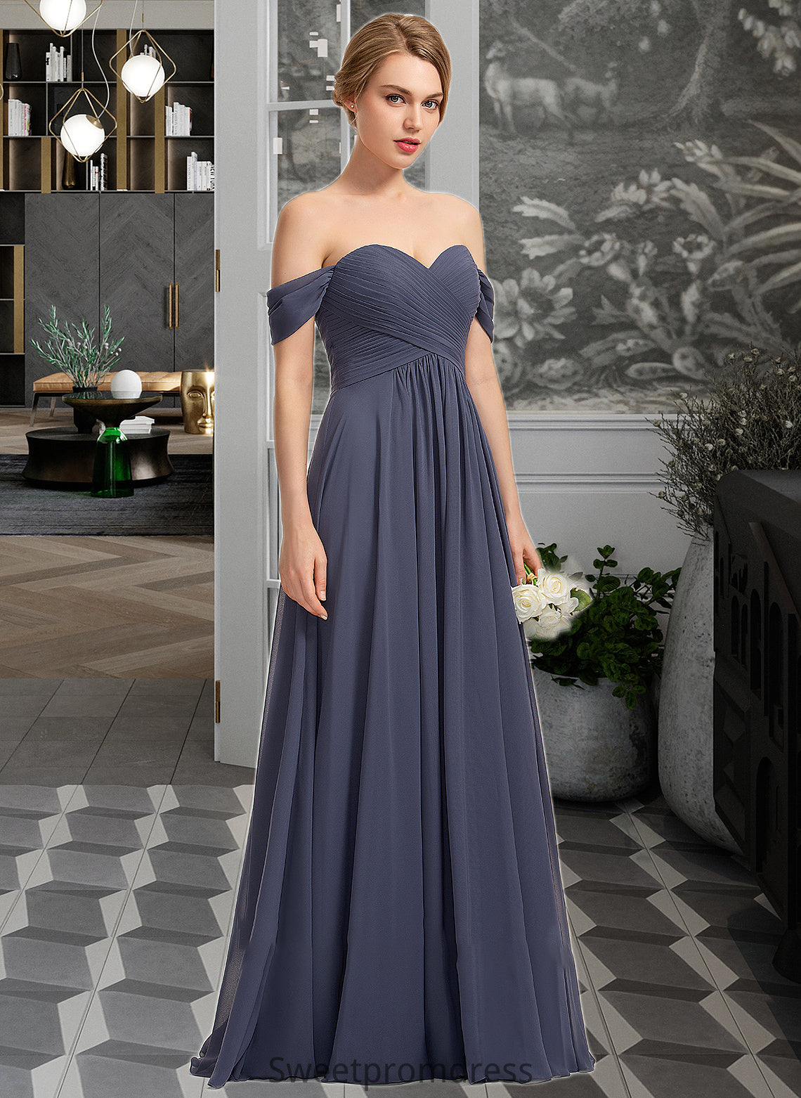 Sally A-line Off the Shoulder Floor-Length Chiffon Bridesmaid Dress With Ruffle DHP0012924