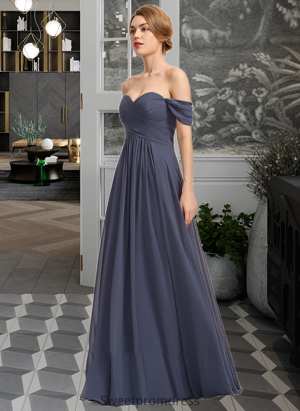 Sally A-line Off the Shoulder Floor-Length Chiffon Bridesmaid Dress With Ruffle DHP0012924