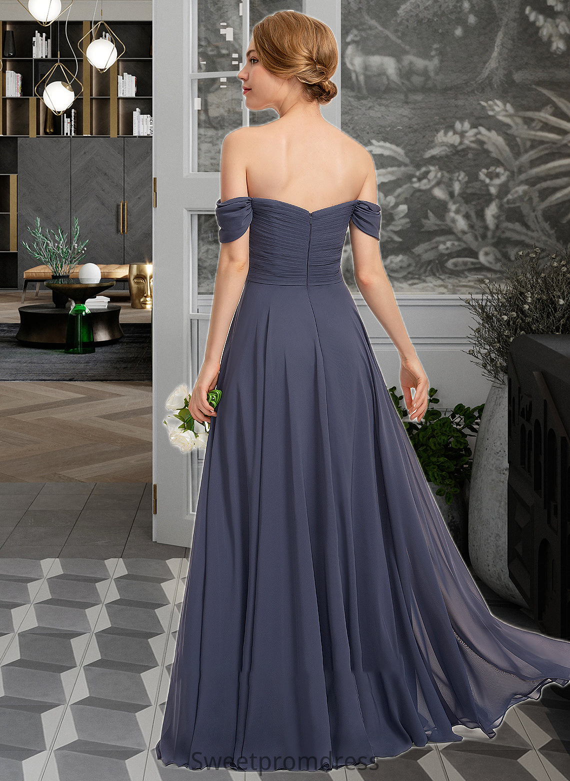 Sally A-line Off the Shoulder Floor-Length Chiffon Bridesmaid Dress With Ruffle DHP0012924