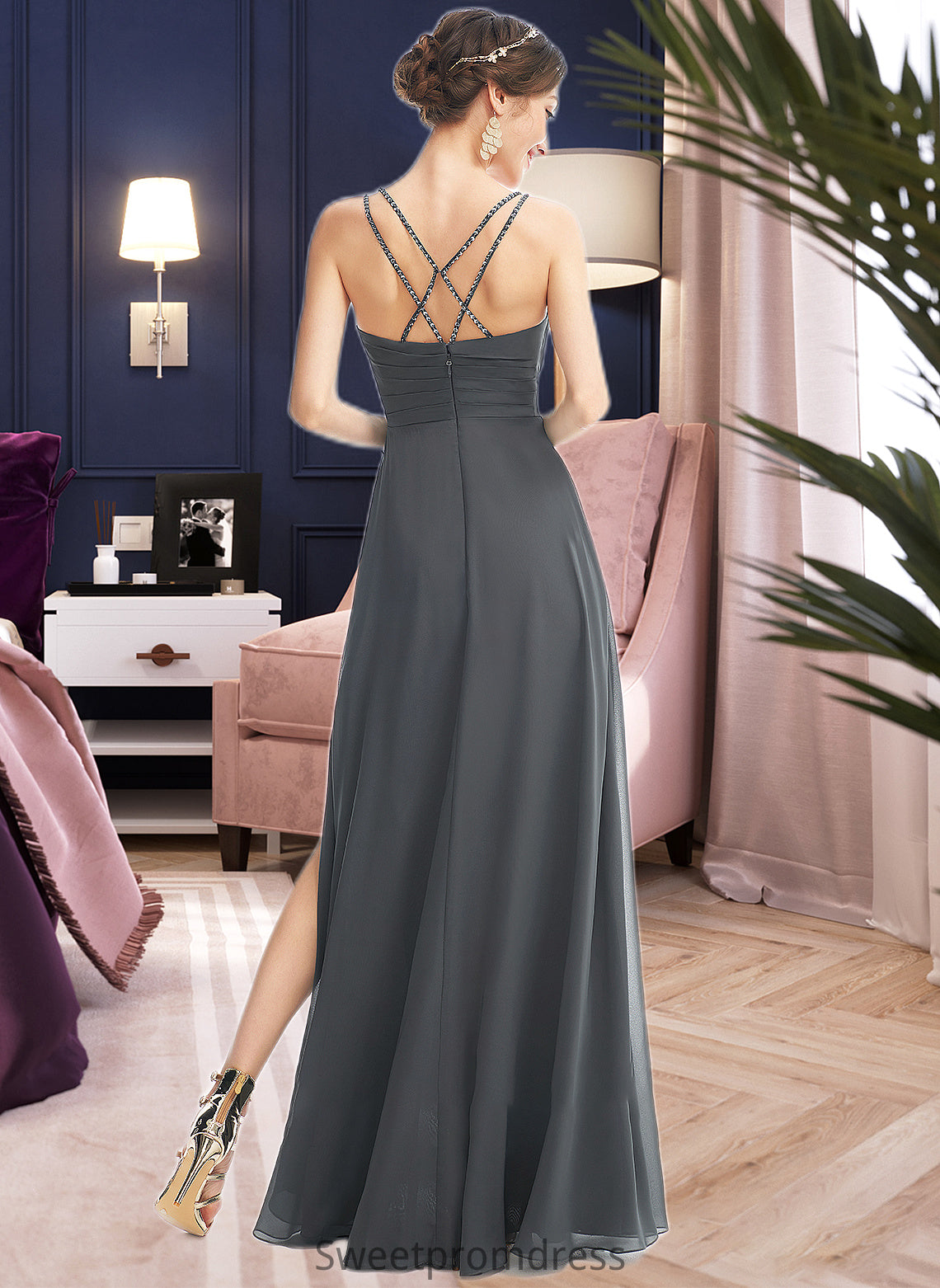 Sophronia A-Line V-neck Floor-Length Bridesmaid Dress With Ruffle Beading Split Front DHP0012926