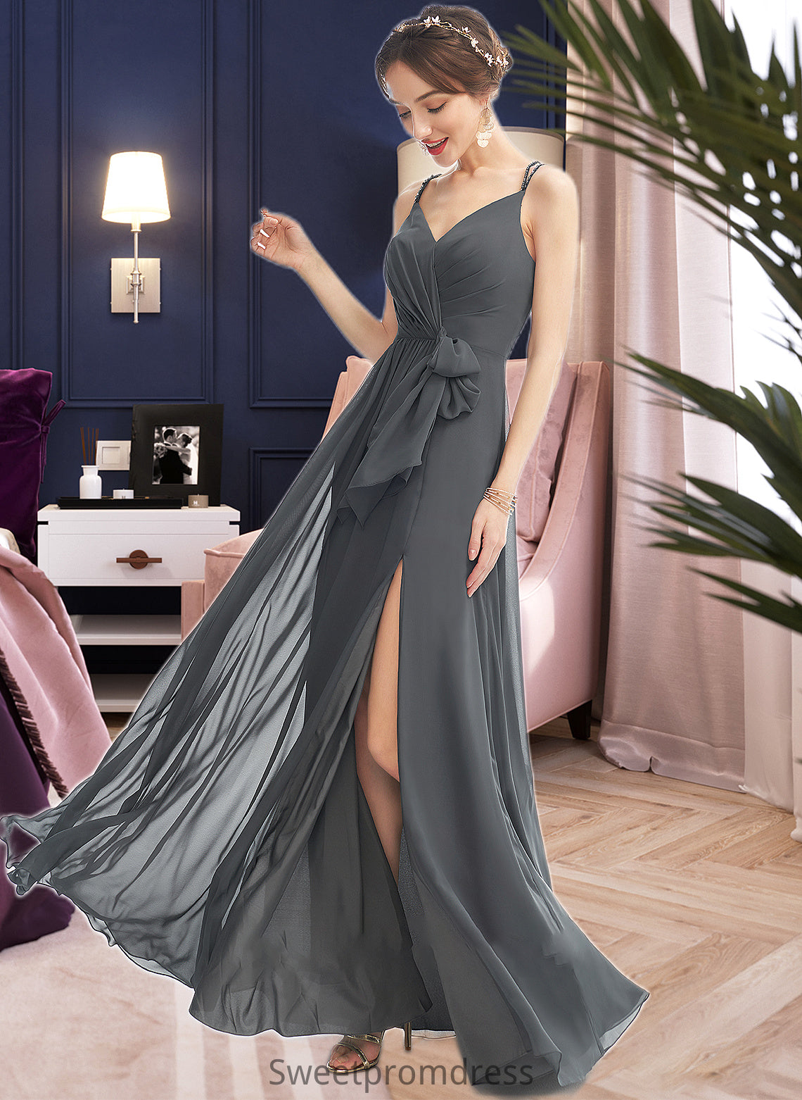 Sophronia A-Line V-neck Floor-Length Bridesmaid Dress With Ruffle Beading Split Front DHP0012926