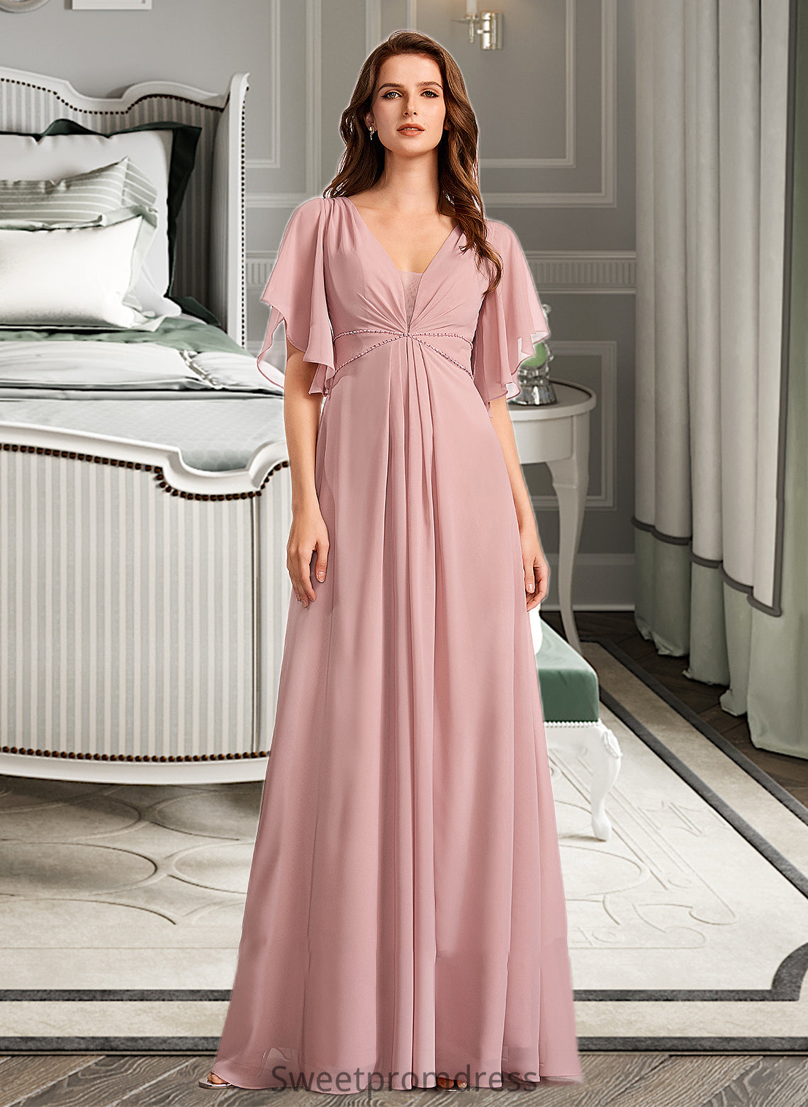 Isis A-Line V-neck Floor-Length Bridesmaid Dress DHP0012927