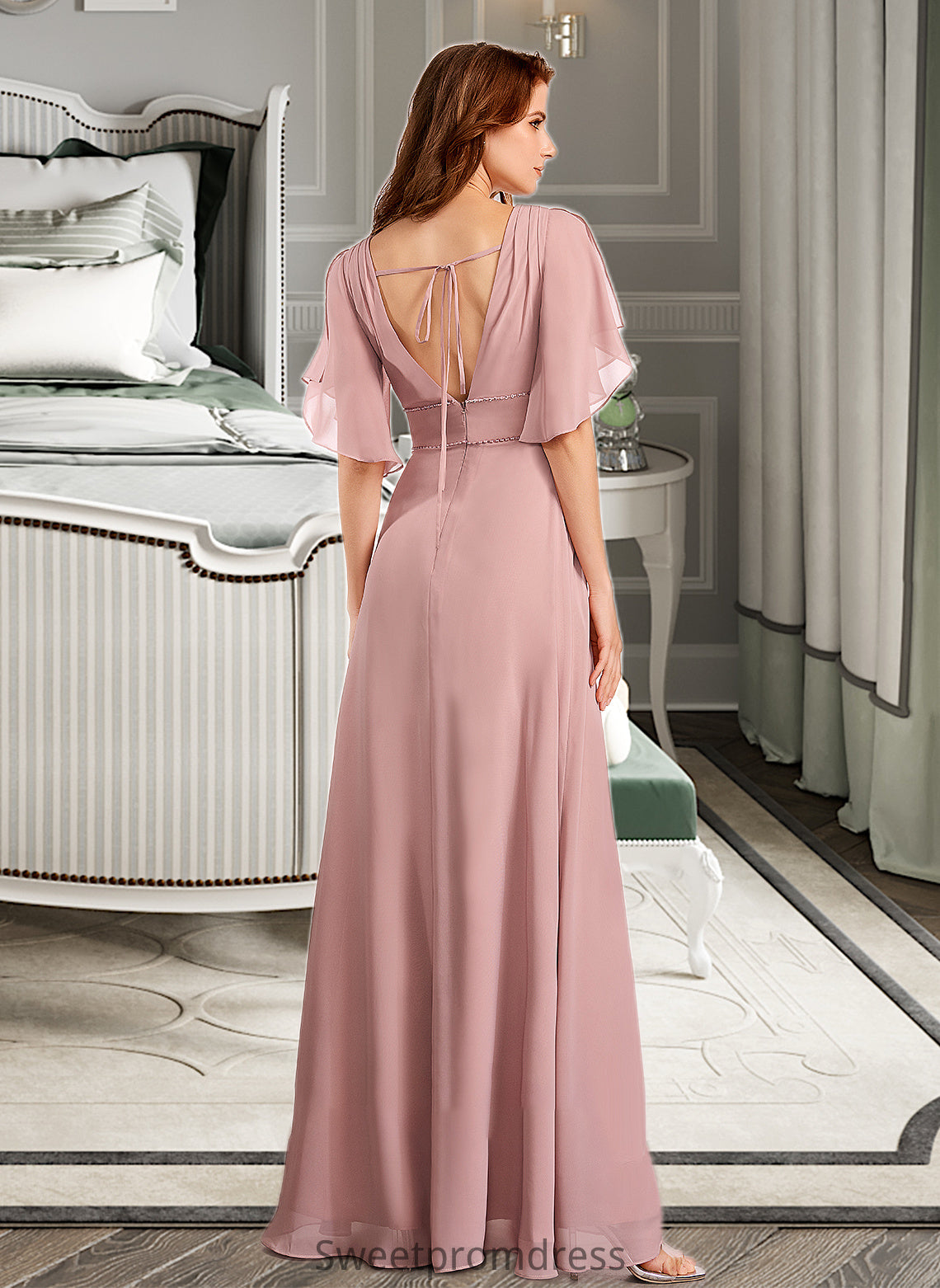 Isis A-Line V-neck Floor-Length Bridesmaid Dress DHP0012927