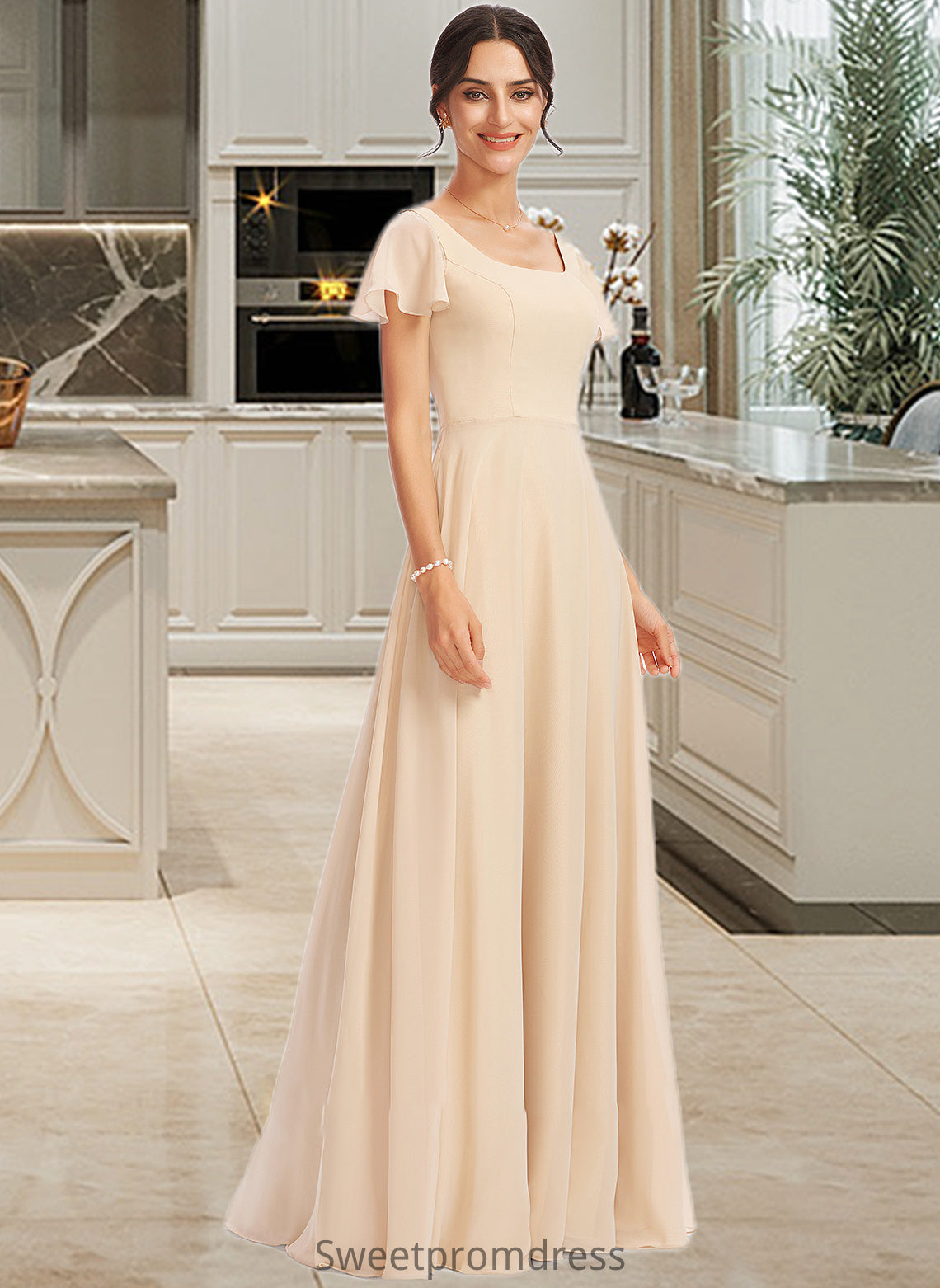 Summer A-Line Square Neckline Floor-Length Bridesmaid Dress With Cascading Ruffles DHP0012928