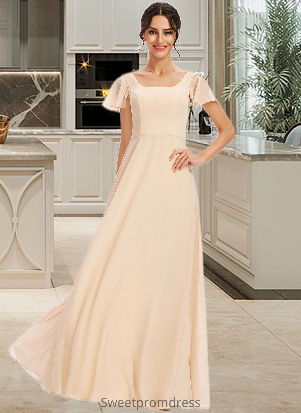 Summer A-Line Square Neckline Floor-Length Bridesmaid Dress With Cascading Ruffles DHP0012928