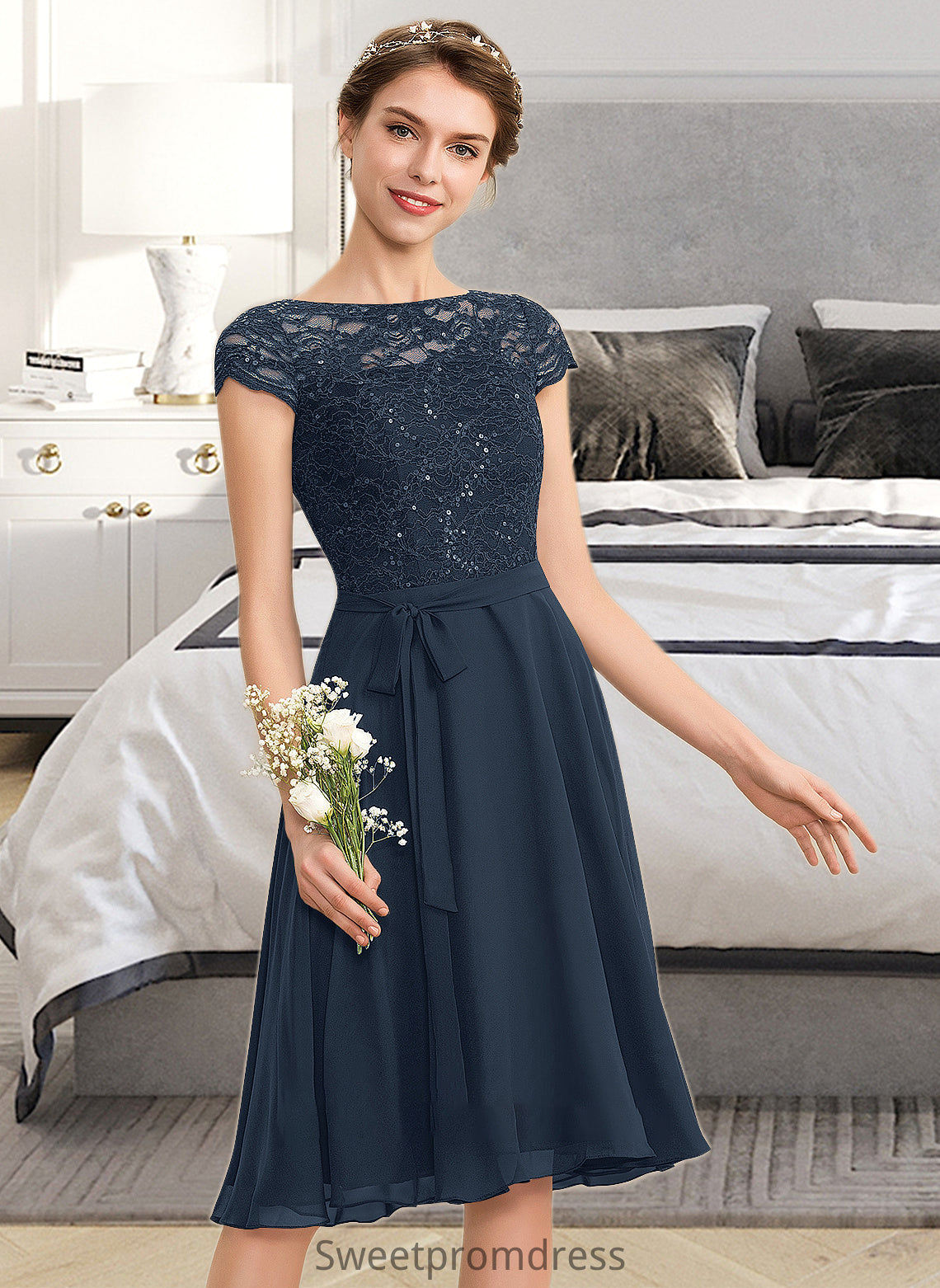 Ariel A-Line Scoop Neck Knee-Length Chiffon Lace Bridesmaid Dress With Sequins Bow(s) DHP0012929