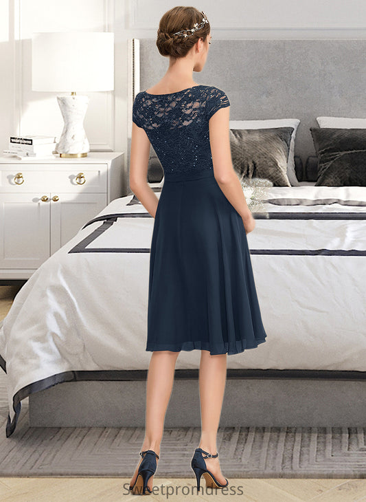 Ariel A-Line Scoop Neck Knee-Length Chiffon Lace Bridesmaid Dress With Sequins Bow(s) DHP0012929