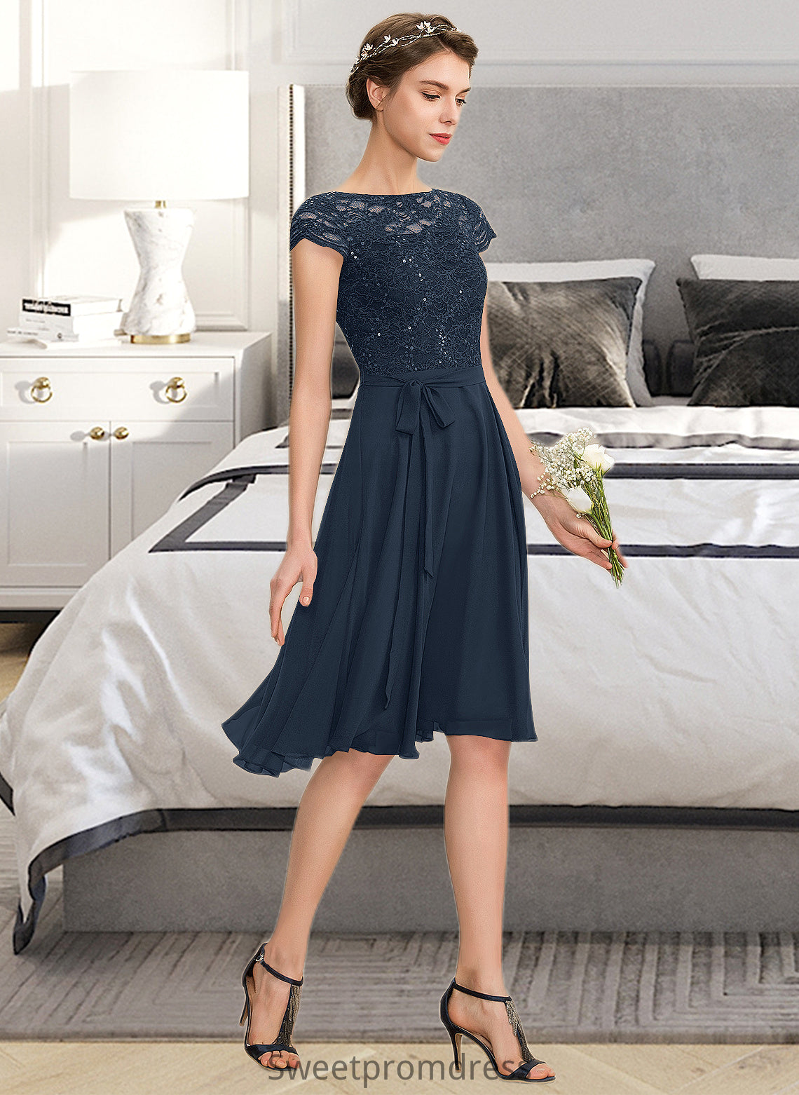 Ariel A-Line Scoop Neck Knee-Length Chiffon Lace Bridesmaid Dress With Sequins Bow(s) DHP0012929