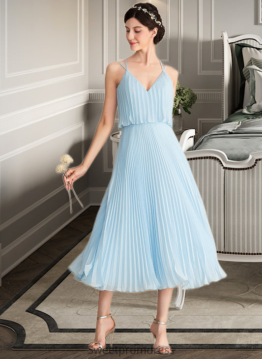 Lorna A-line V-Neck Tea-Length Chiffon Bridesmaid Dress With Pleated DHP0012930