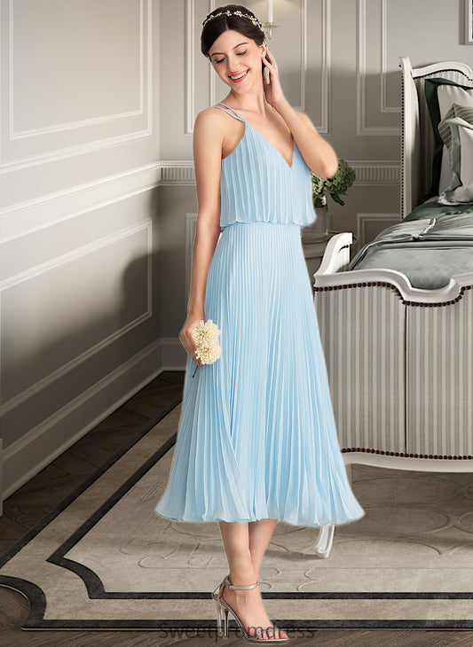 Lorna A-line V-Neck Tea-Length Chiffon Bridesmaid Dress With Pleated DHP0012930