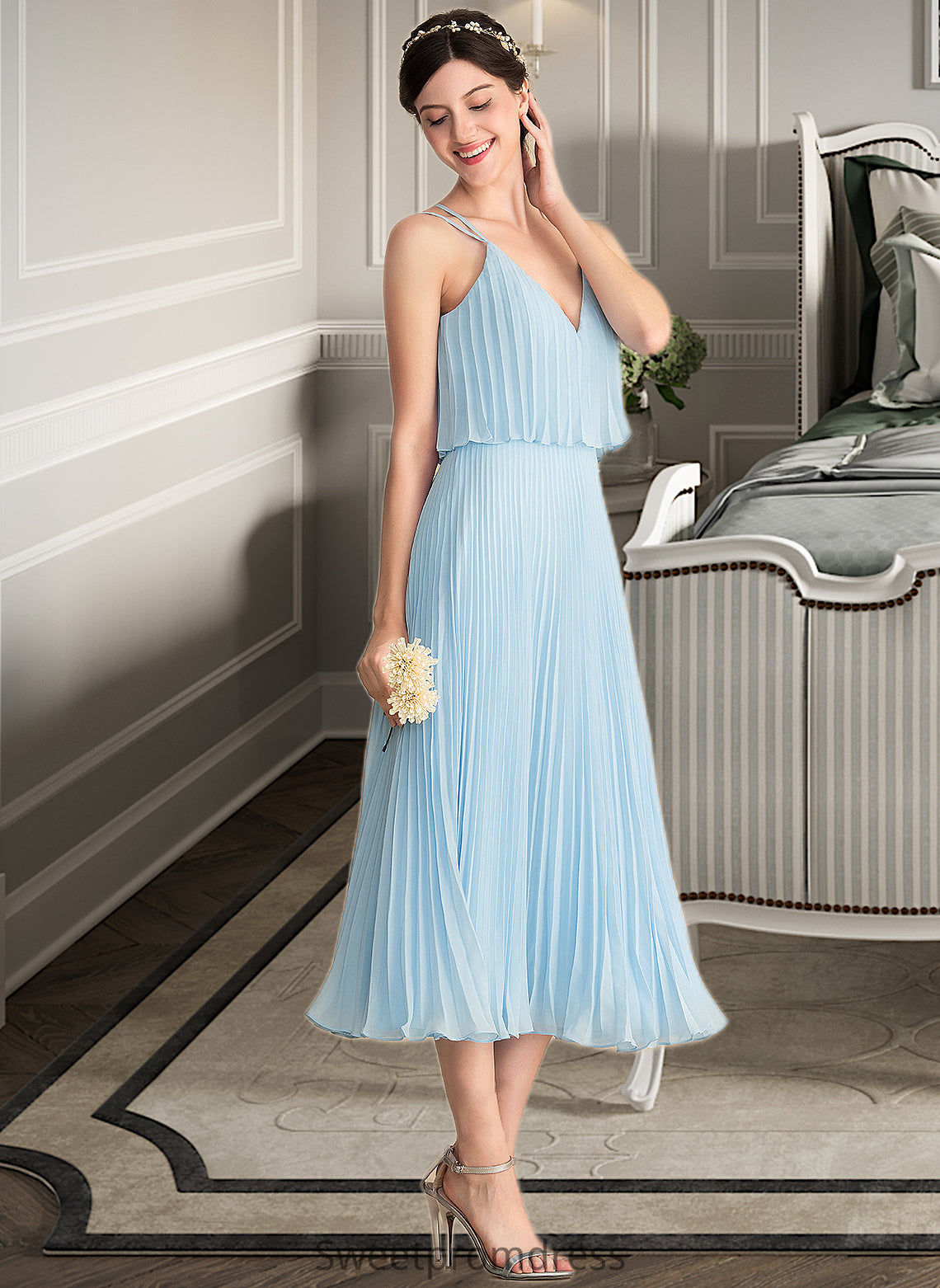 Lorna A-line V-Neck Tea-Length Chiffon Bridesmaid Dress With Pleated DHP0012930