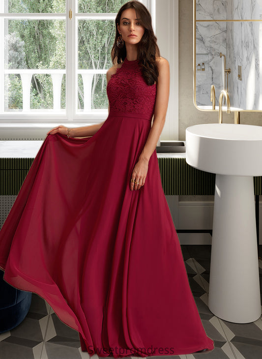 Adelyn A-Line Scoop Neck Floor-Length Chiffon Bridesmaid Dress With Lace DHP0012931