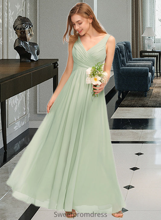 Alexandria A-Line V-neck Floor-Length Chiffon Bridesmaid Dress With Ruffle Split Front DHP0012933