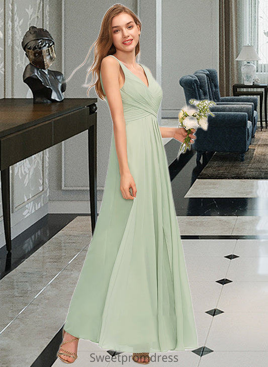 Alexandria A-Line V-neck Floor-Length Chiffon Bridesmaid Dress With Ruffle Split Front DHP0012933