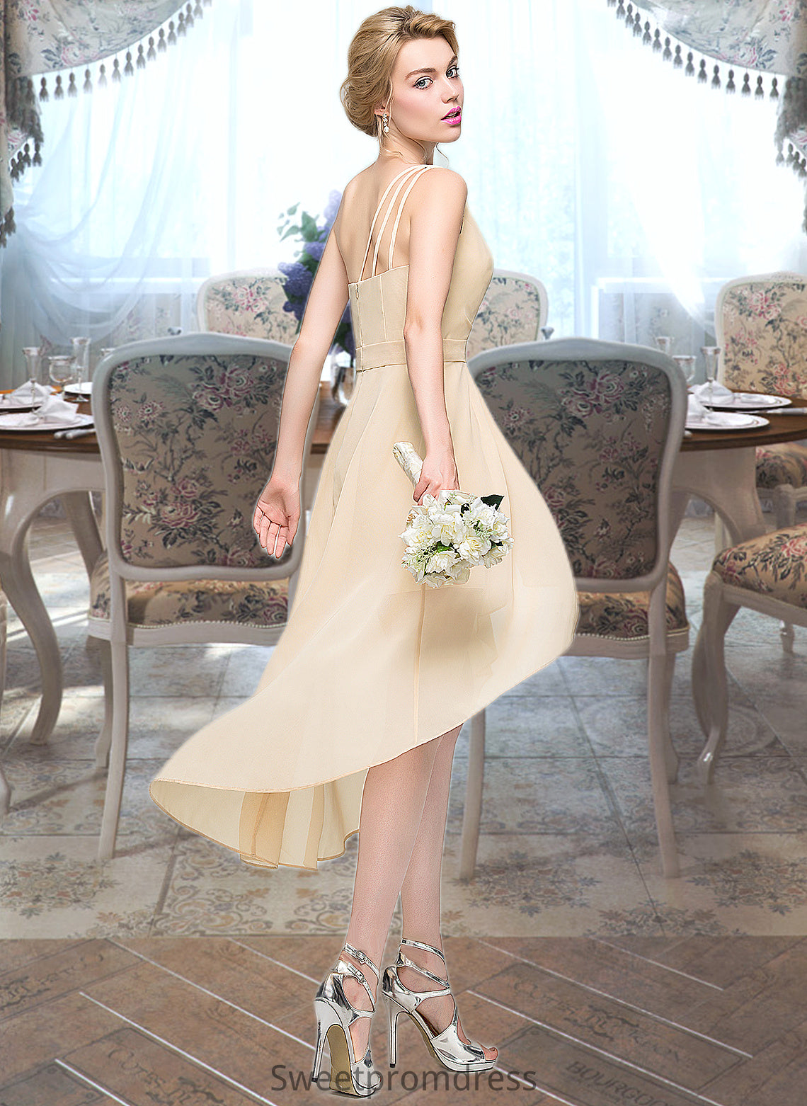 Marisa A-Line One-Shoulder Asymmetrical Chiffon Bridesmaid Dress With Ruffle Bow(s) Cascading Ruffles DHP0012937