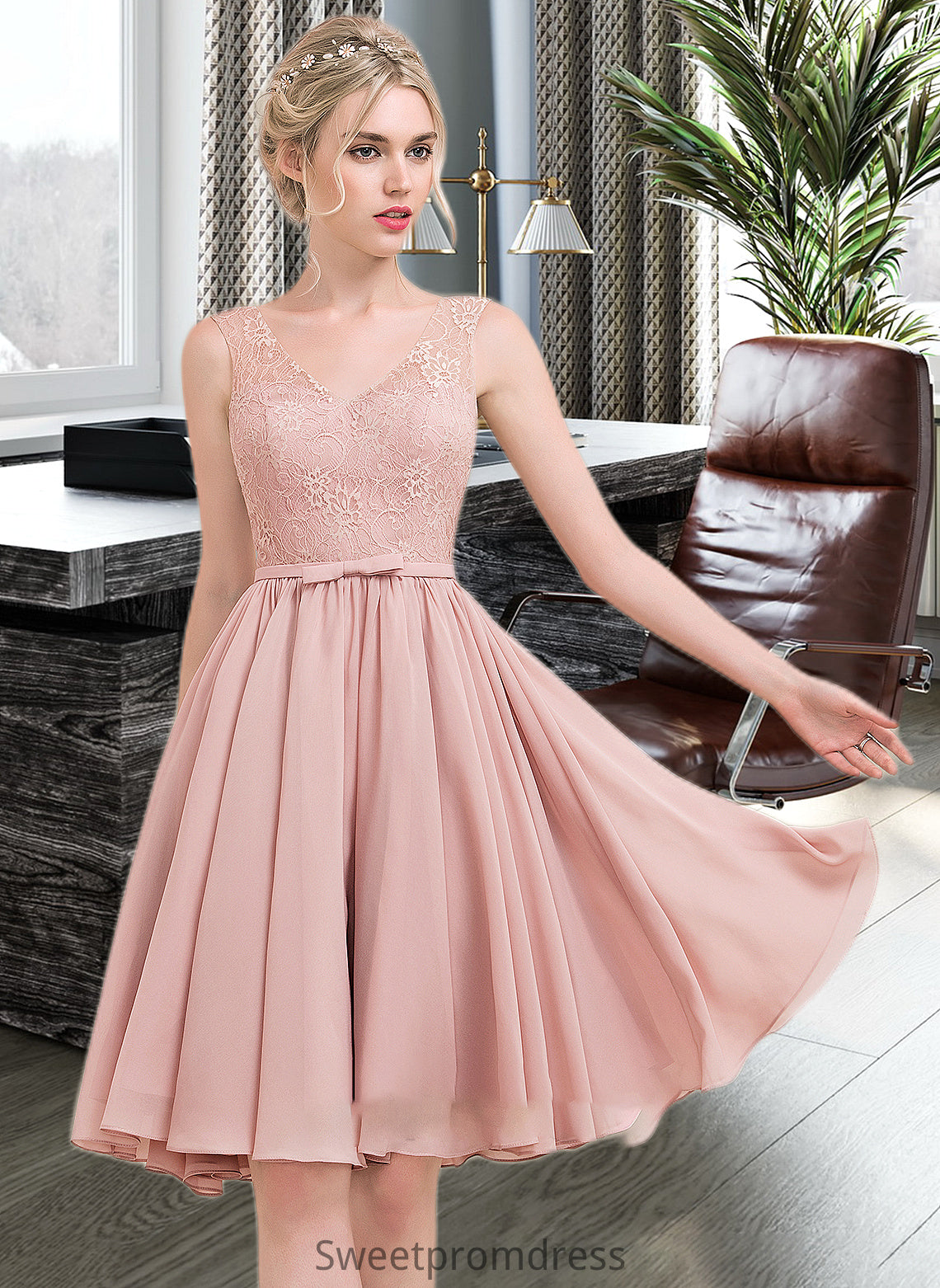 Lorena A-Line V-neck Knee-Length Chiffon Lace Bridesmaid Dress With Bow(s) DHP0012939