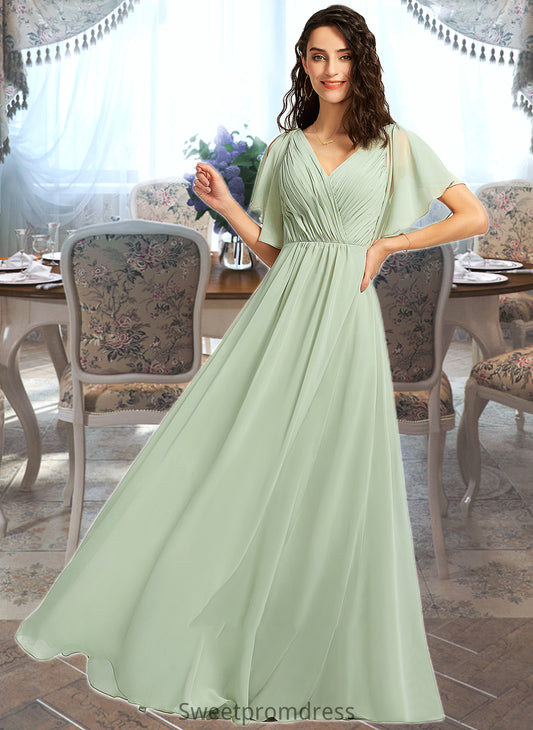 Jaliyah A-Line V-neck Floor-Length Bridesmaid Dress With Ruffle DHP0012940