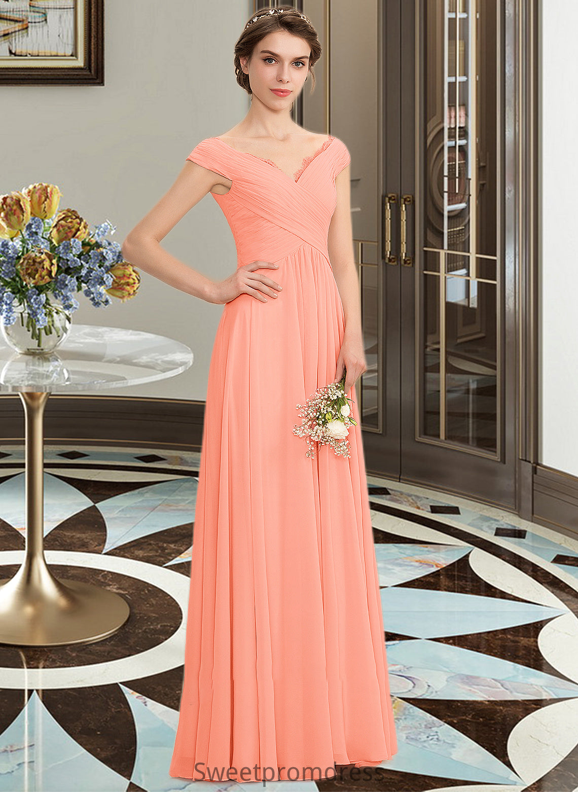 Kenna A-Line Off-the-Shoulder Floor-Length Chiffon Bridesmaid Dress With Ruffle Lace DHP0012941