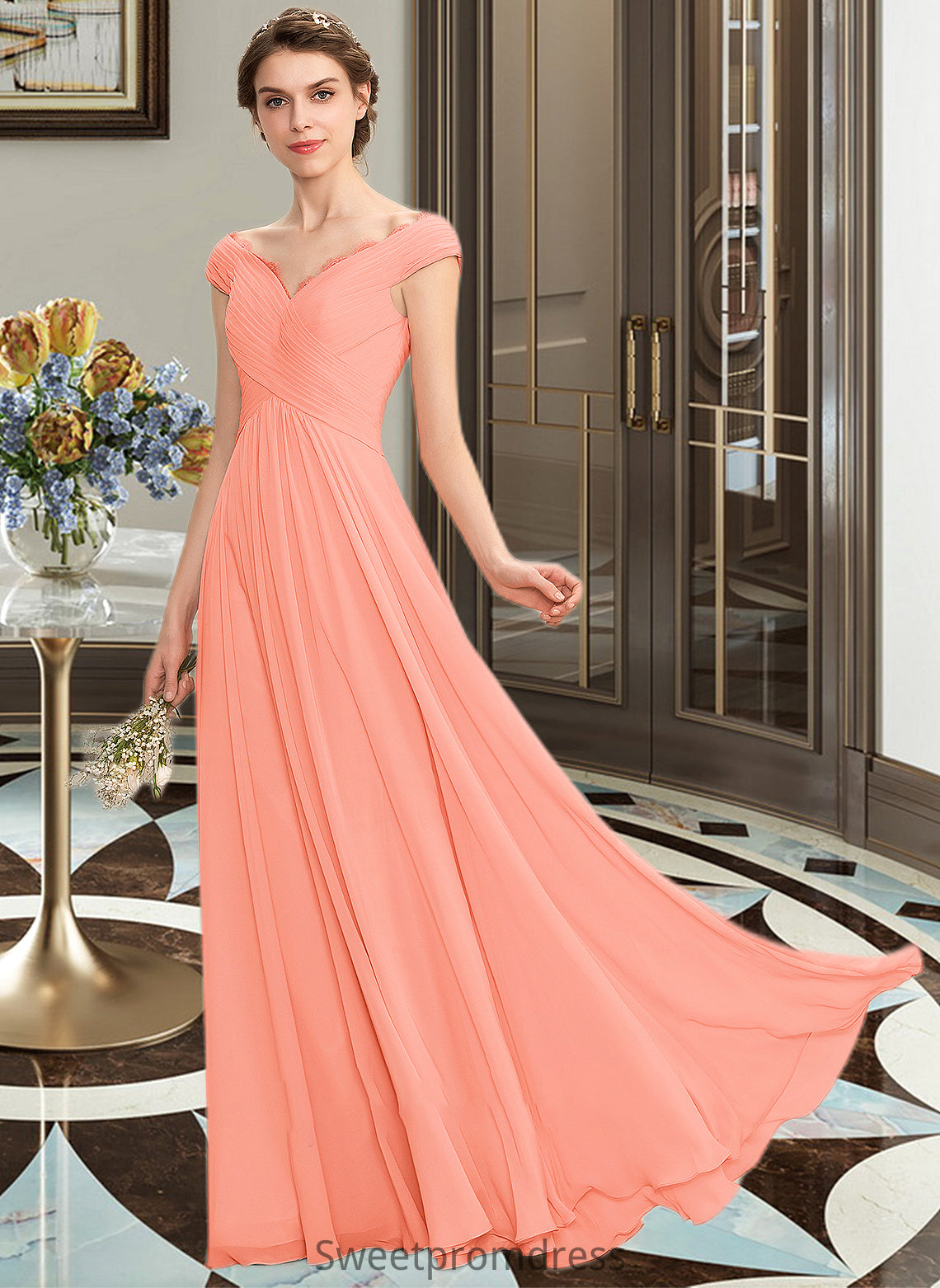 Kenna A-Line Off-the-Shoulder Floor-Length Chiffon Bridesmaid Dress With Ruffle Lace DHP0012941