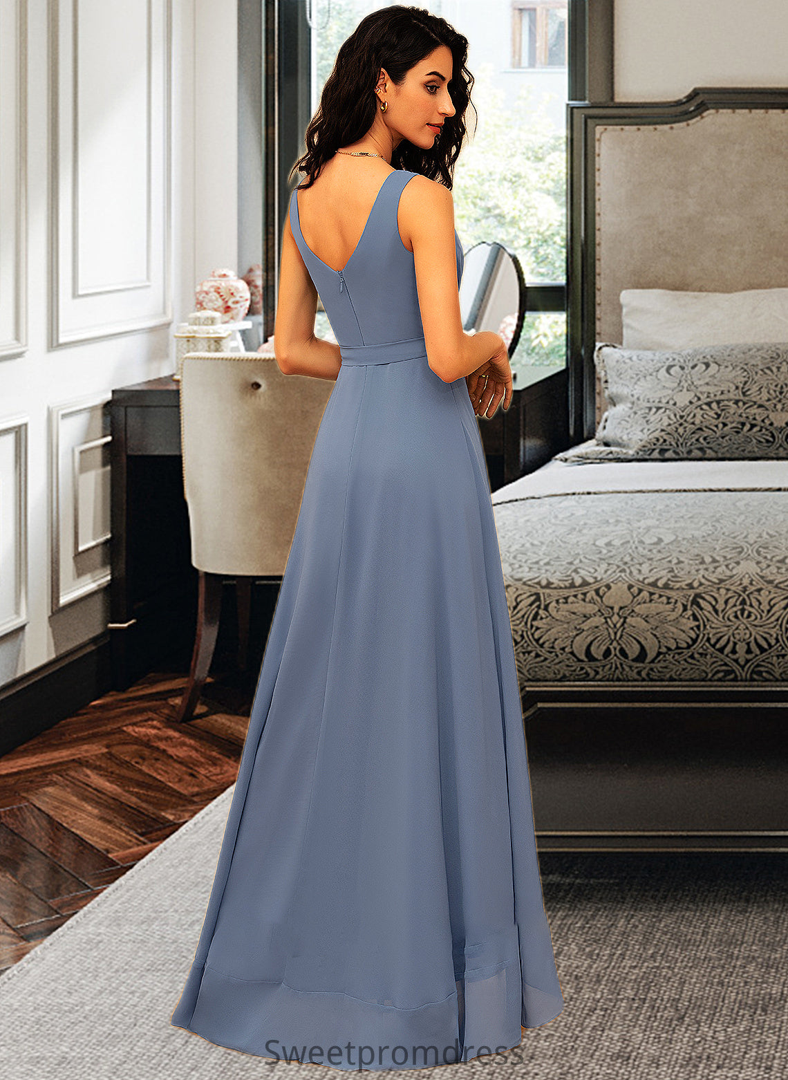 Katherine A-Line V-neck Asymmetrical Chiffon Bridesmaid Dress With Ruffle Bow(s) DHP0012942