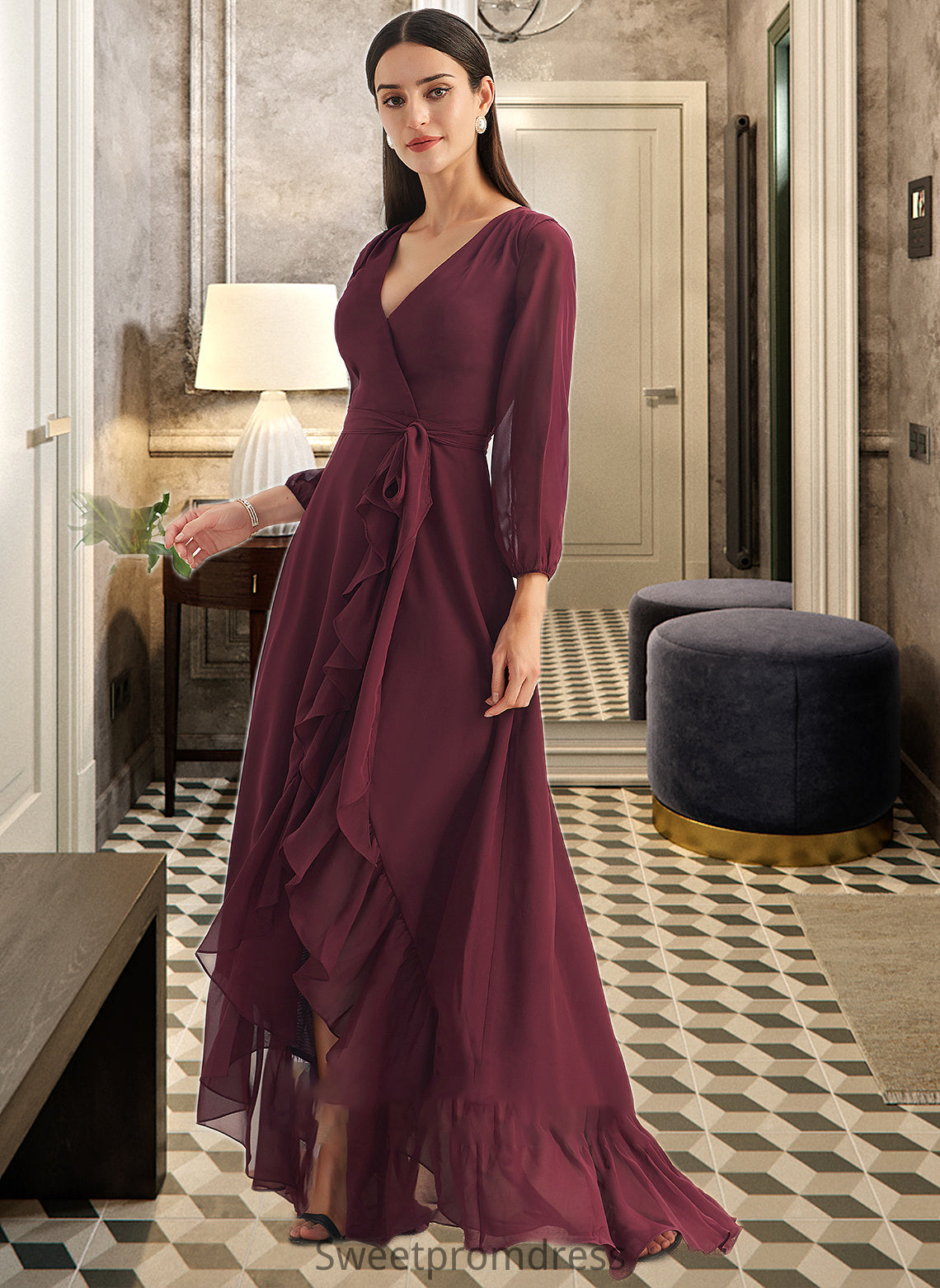 Charity A-Line V-neck Asymmetrical Bridesmaid Dress With Ruffle Split Front DHP0012945