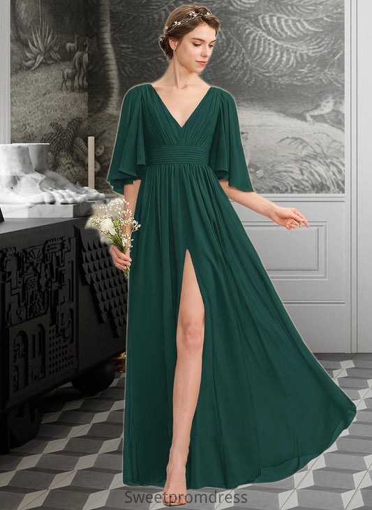 Paris A-Line V-neck Floor-Length Chiffon Bridesmaid Dress With Ruffle Bow(s) Split Front DHP0012948