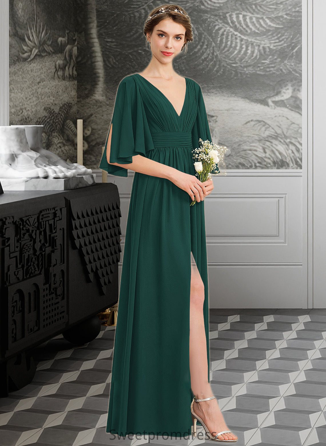 Paris A-Line V-neck Floor-Length Chiffon Bridesmaid Dress With Ruffle Bow(s) Split Front DHP0012948