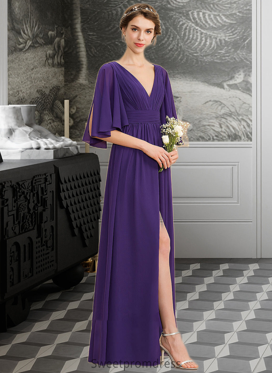 Paris A-Line V-neck Floor-Length Chiffon Bridesmaid Dress With Ruffle Bow(s) Split Front DHP0012948