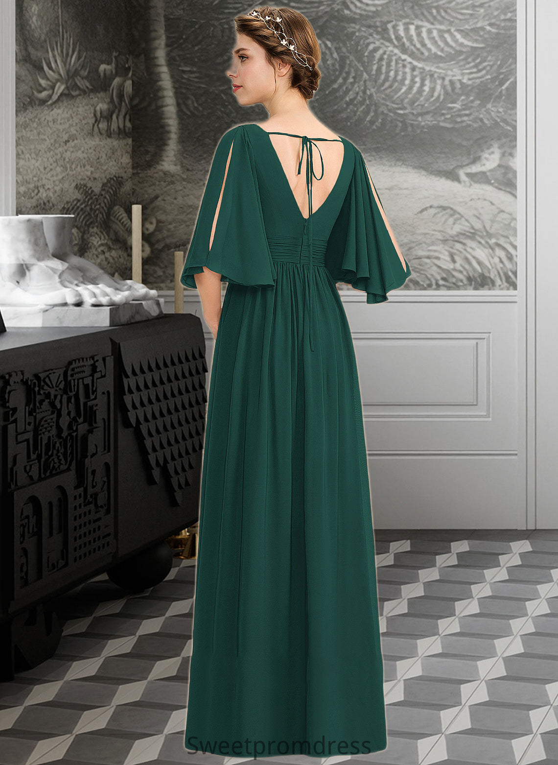 Paris A-Line V-neck Floor-Length Chiffon Bridesmaid Dress With Ruffle Bow(s) Split Front DHP0012948