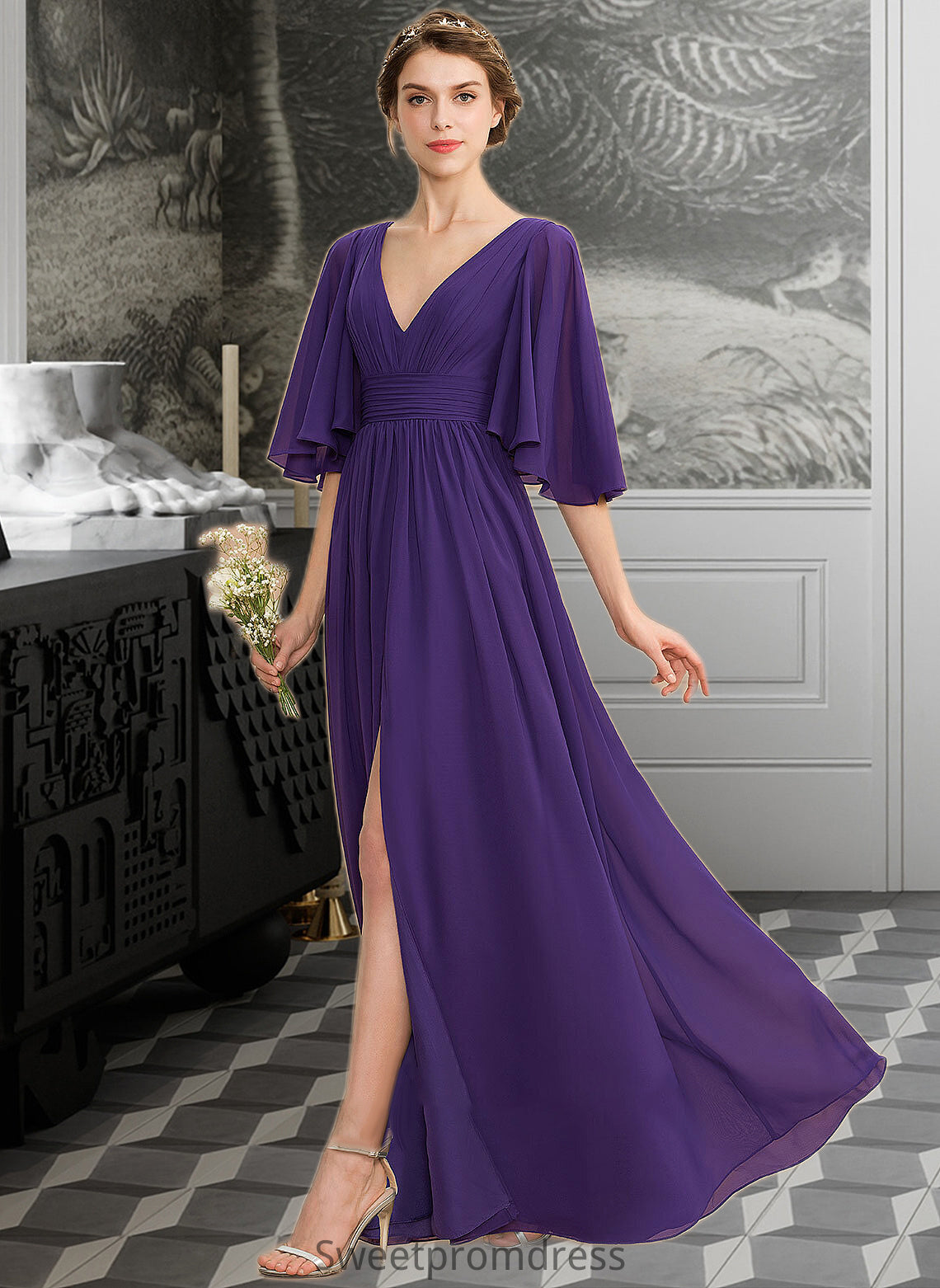 Paris A-Line V-neck Floor-Length Chiffon Bridesmaid Dress With Ruffle Bow(s) Split Front DHP0012948