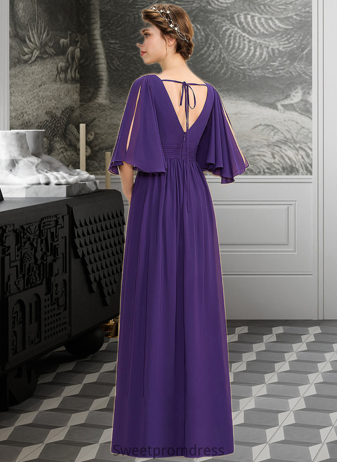 Paris A-Line V-neck Floor-Length Chiffon Bridesmaid Dress With Ruffle Bow(s) Split Front DHP0012948