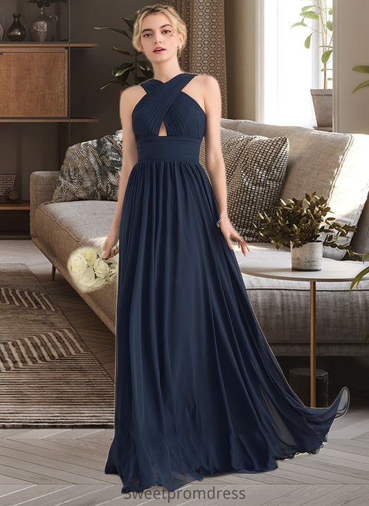 Cadence A-line V-Neck Sweep Train Chiffon Bridesmaid Dress With Ruffle DHP0012949