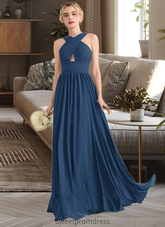 Cadence A-line V-Neck Sweep Train Chiffon Bridesmaid Dress With Ruffle DHP0012949