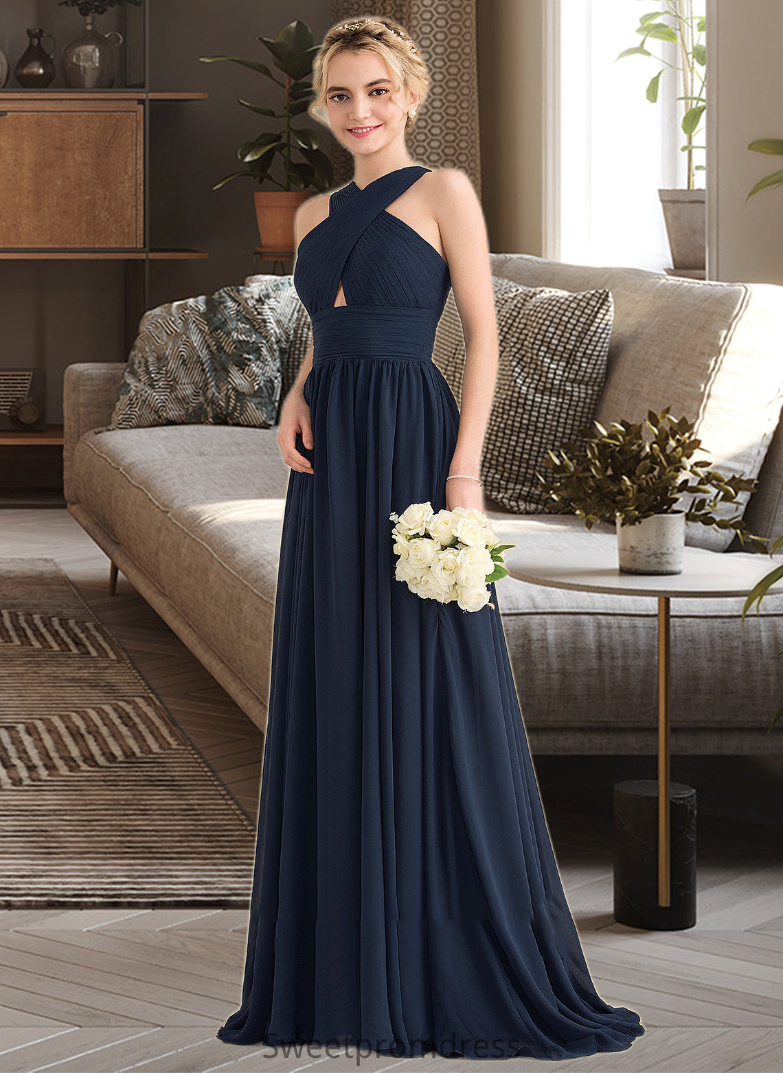 Cadence A-line V-Neck Sweep Train Chiffon Bridesmaid Dress With Ruffle DHP0012949