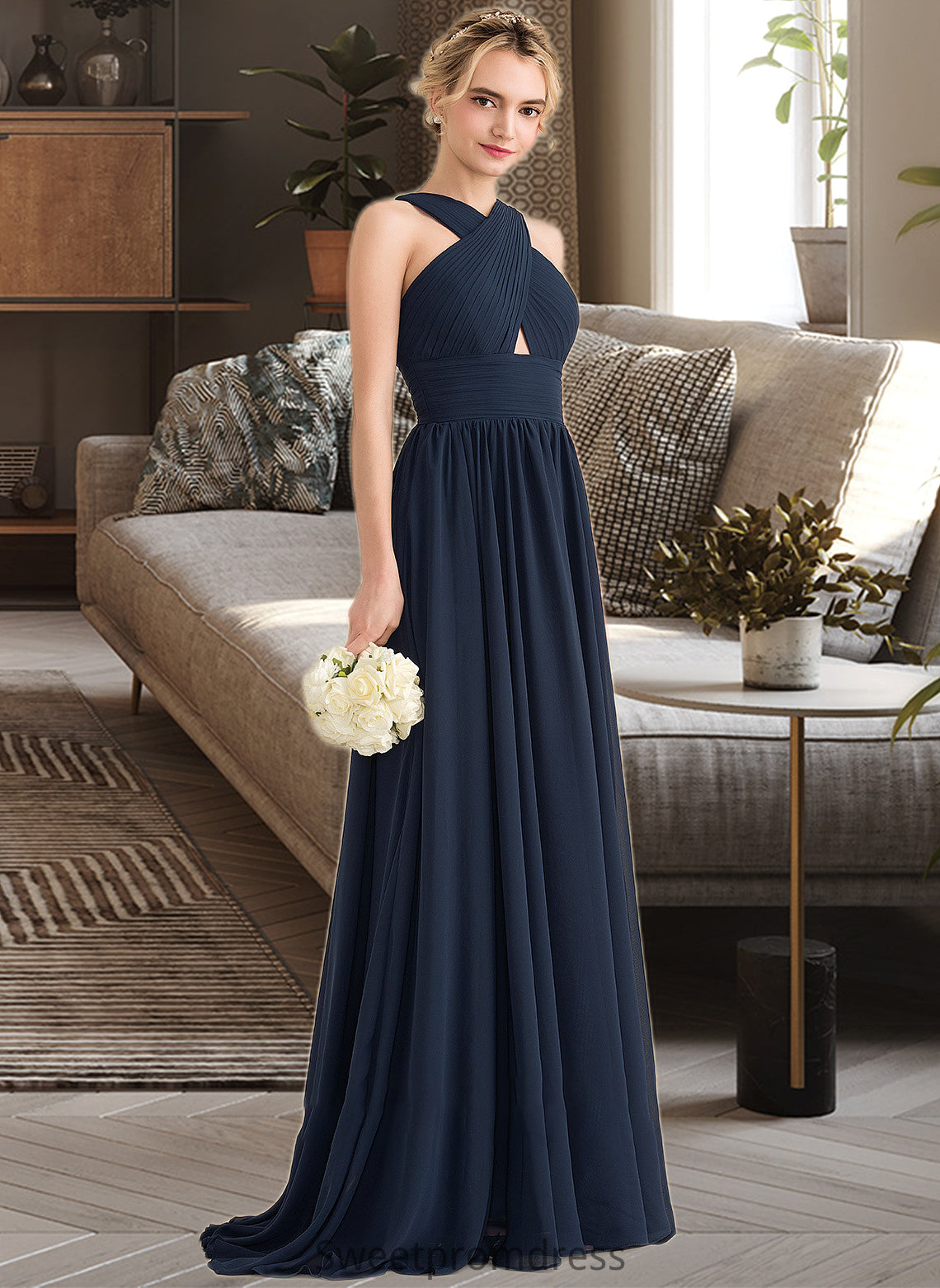 Cadence A-line V-Neck Sweep Train Chiffon Bridesmaid Dress With Ruffle DHP0012949