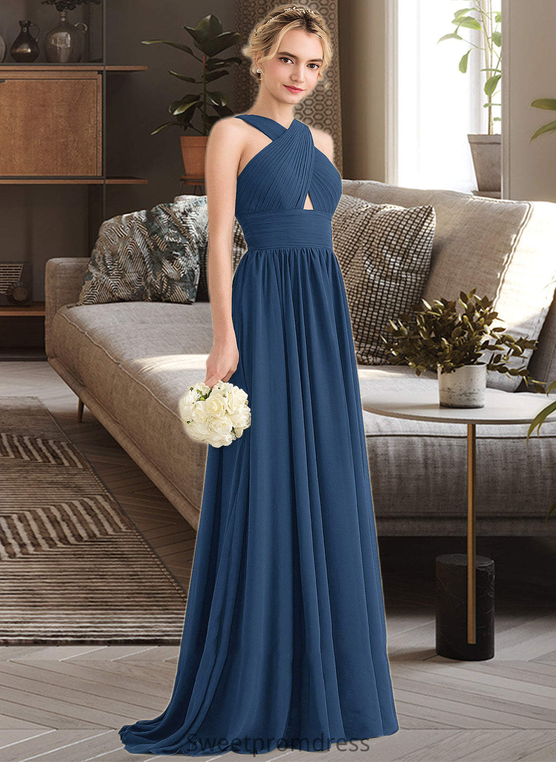 Cadence A-line V-Neck Sweep Train Chiffon Bridesmaid Dress With Ruffle DHP0012949