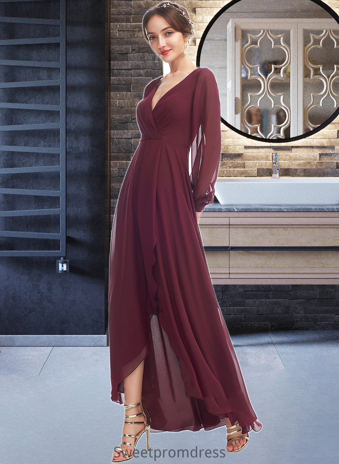 Lilly A-Line V-neck Asymmetrical Bridesmaid Dress With Ruffle DHP0012954