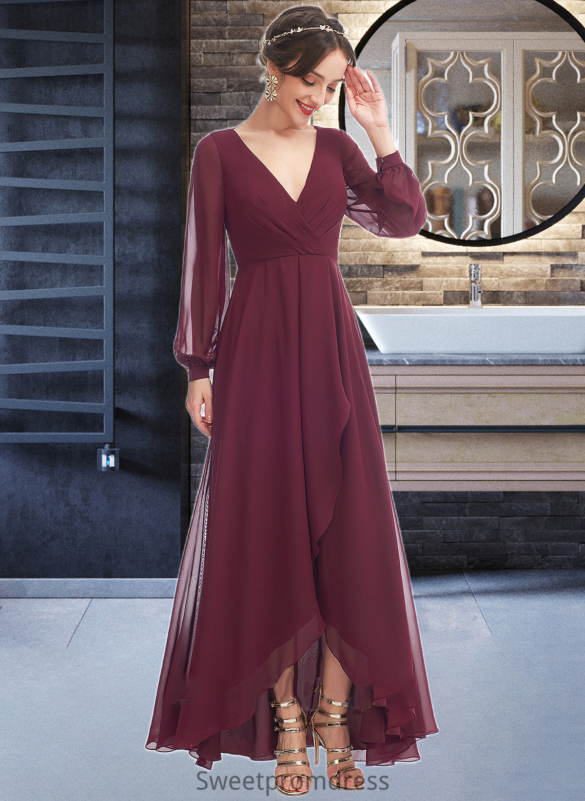 Lilly A-Line V-neck Asymmetrical Bridesmaid Dress With Ruffle DHP0012954