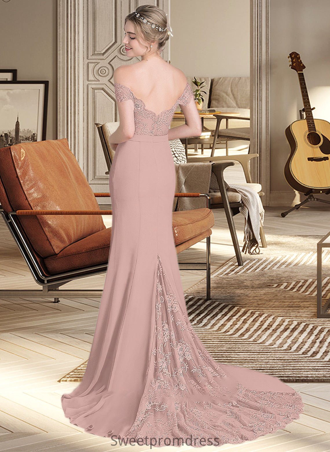 Damaris Trumpet/Mermaid Off the Shoulder Court Train Chiffon Lace Bridesmaid Dress With Sequins DHP0012955