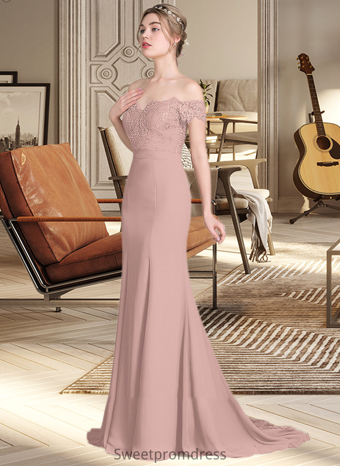 Damaris Trumpet/Mermaid Off the Shoulder Court Train Chiffon Lace Bridesmaid Dress With Sequins DHP0012955