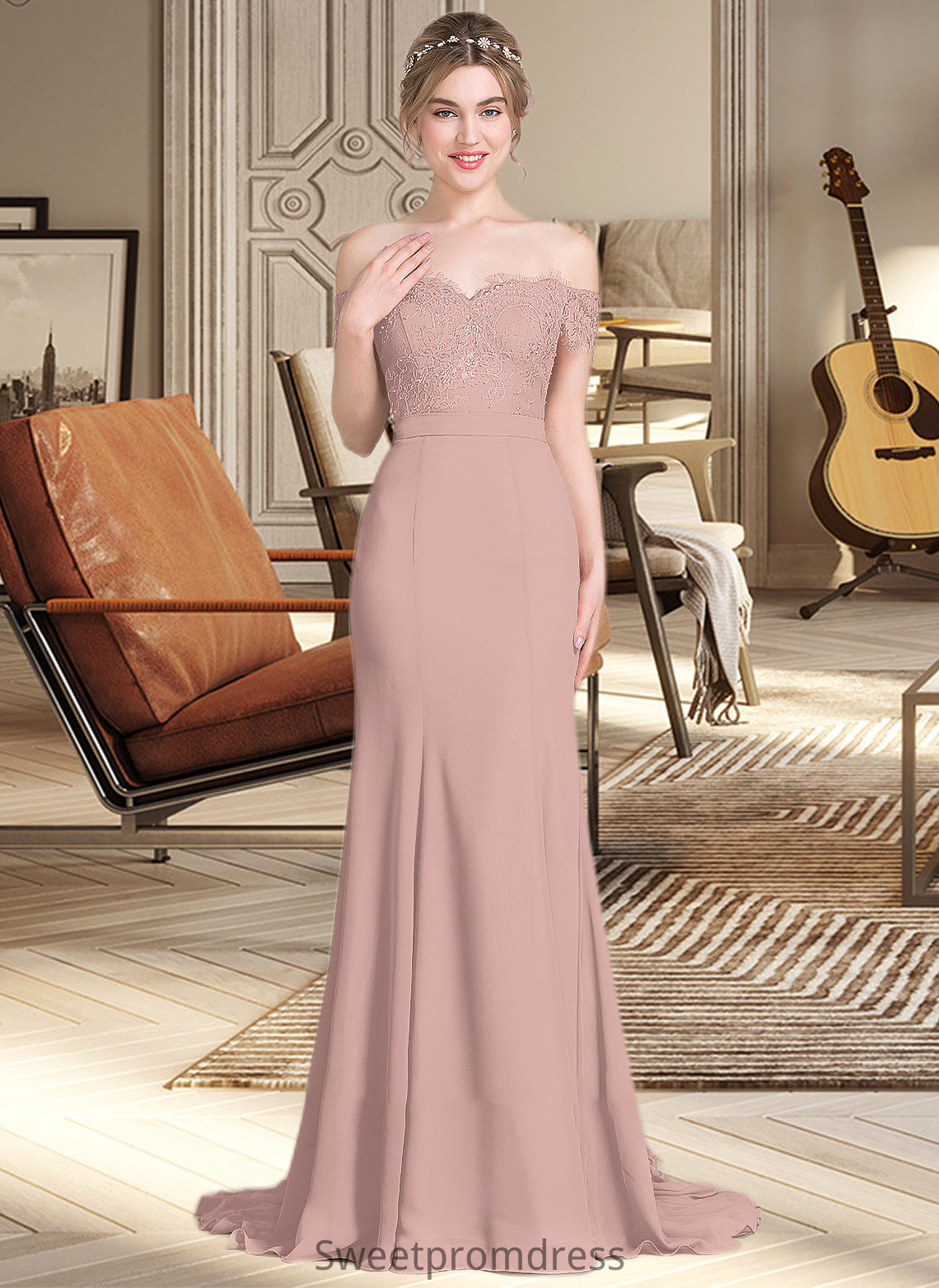 Damaris Trumpet/Mermaid Off the Shoulder Court Train Chiffon Lace Bridesmaid Dress With Sequins DHP0012955