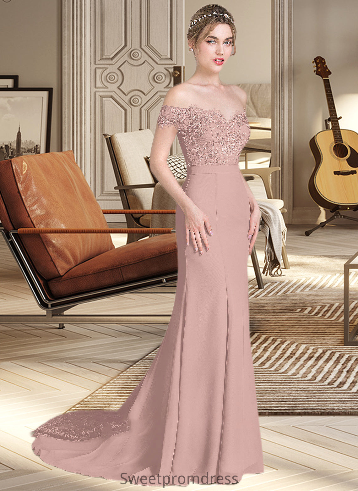 Damaris Trumpet/Mermaid Off the Shoulder Court Train Chiffon Lace Bridesmaid Dress With Sequins DHP0012955