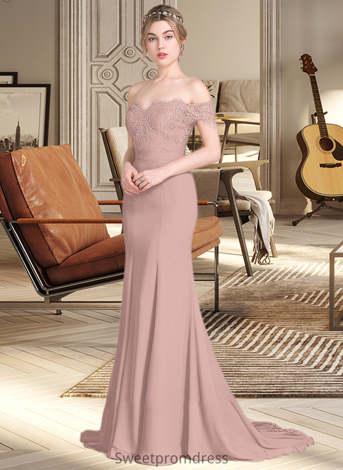 Damaris Trumpet/Mermaid Off the Shoulder Court Train Chiffon Lace Bridesmaid Dress With Sequins DHP0012955