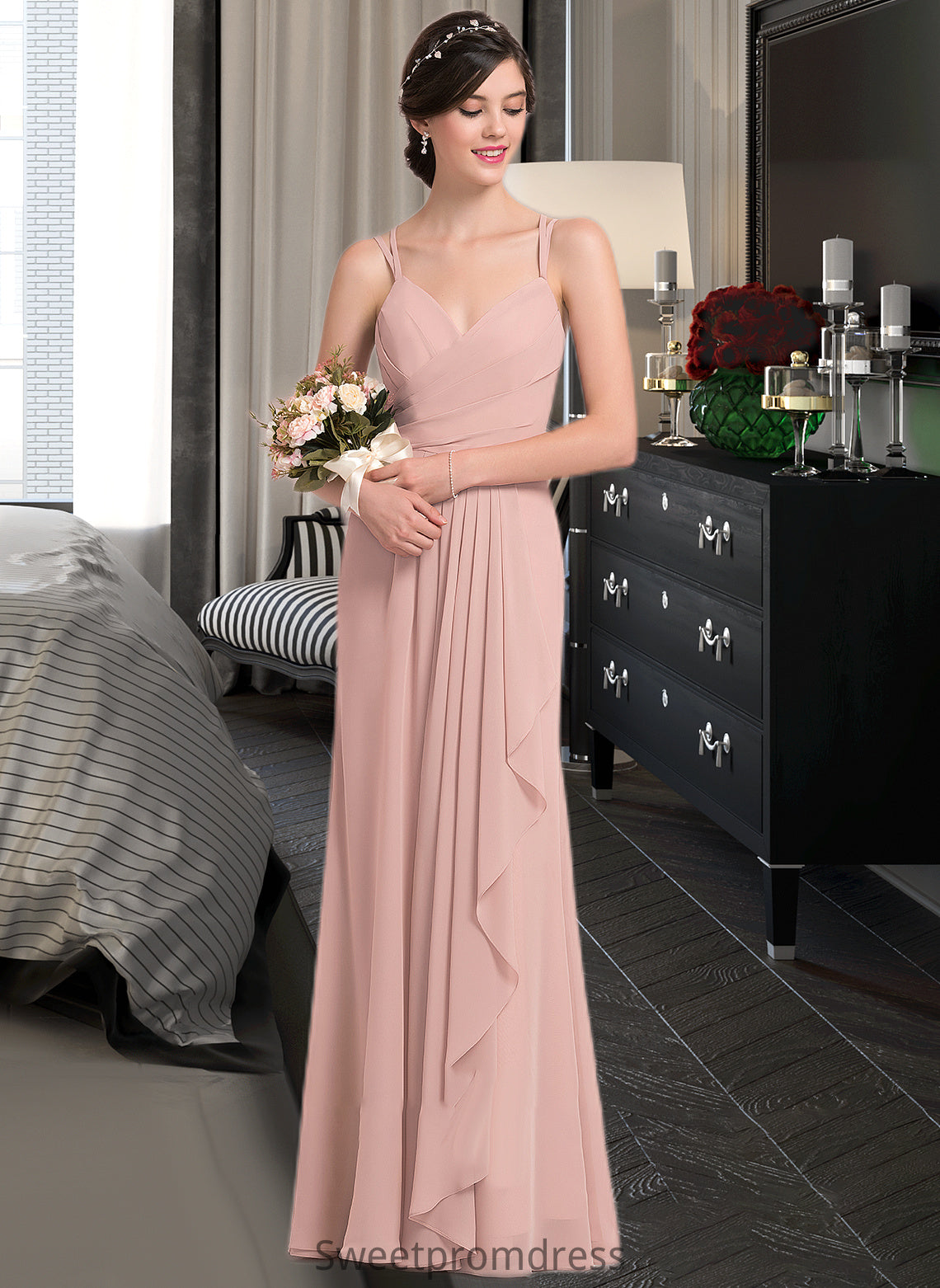 Rita A-line Sweetheart Floor-Length Chiffon Bridesmaid Dress With Cascading Ruffles DHP0012957