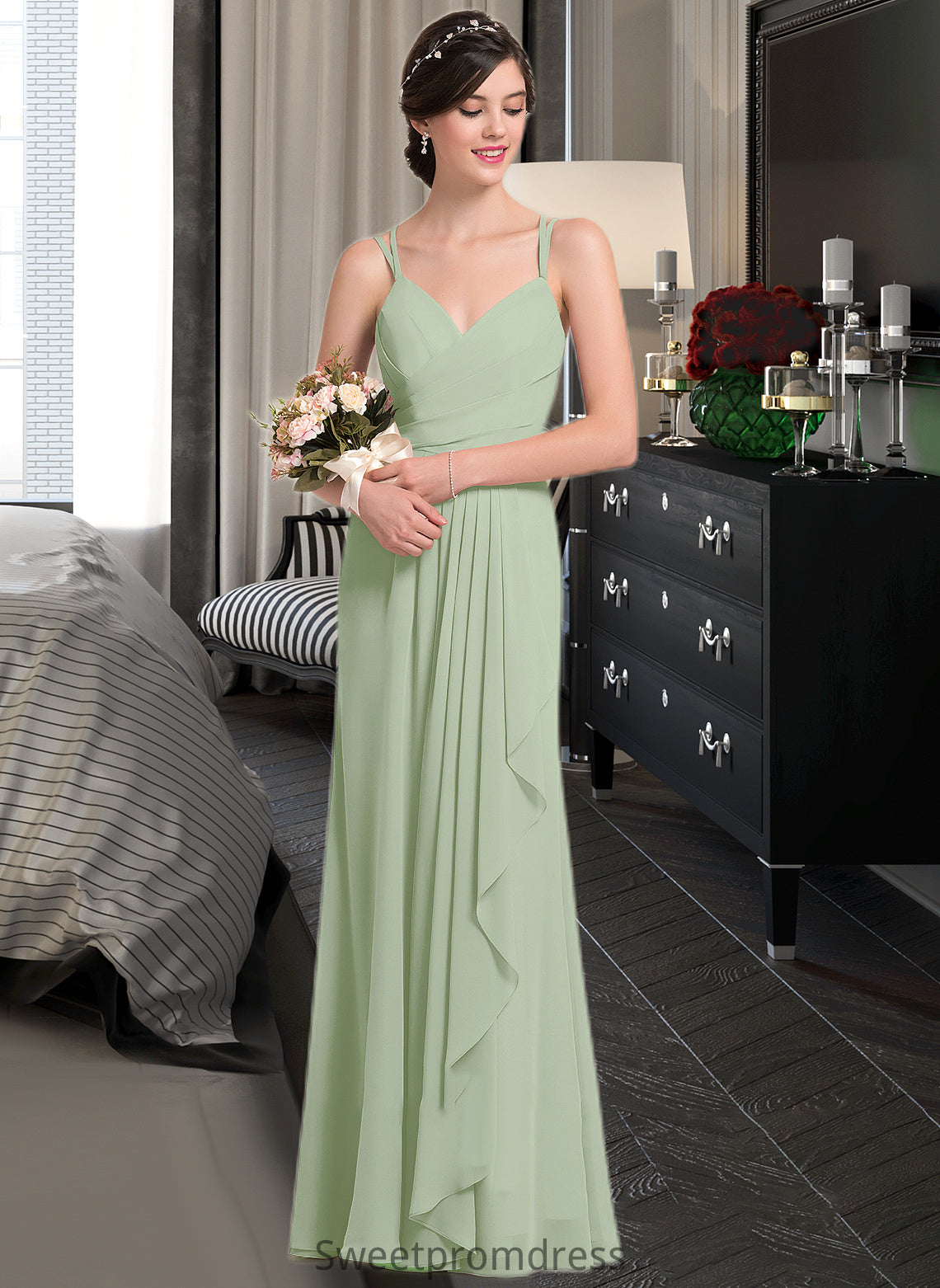 Rita A-line Sweetheart Floor-Length Chiffon Bridesmaid Dress With Cascading Ruffles DHP0012957