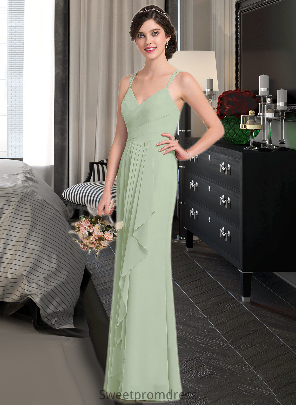 Rita A-line Sweetheart Floor-Length Chiffon Bridesmaid Dress With Cascading Ruffles DHP0012957