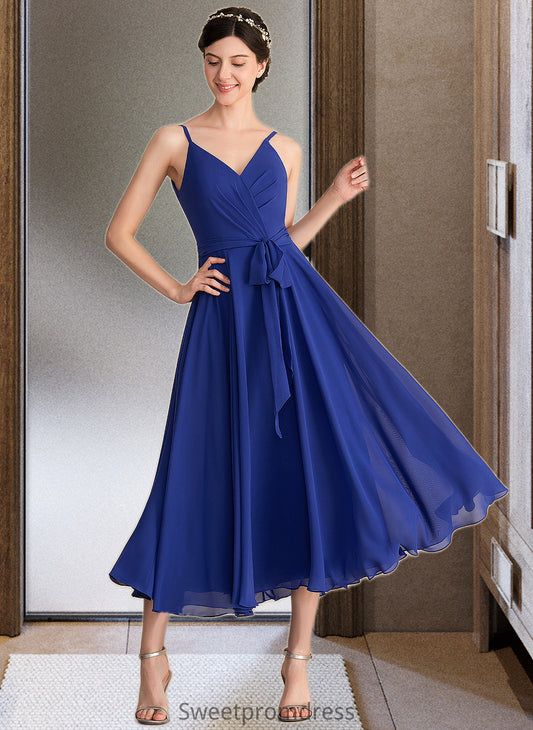 Ingrid A-Line V-neck Tea-Length Chiffon Bridesmaid Dress With Ruffle Bow(s) DHP0012958