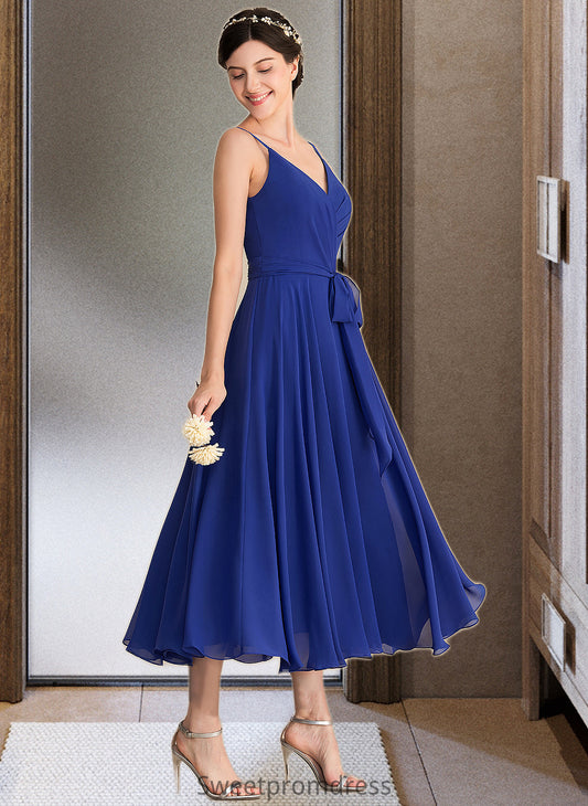 Ingrid A-Line V-neck Tea-Length Chiffon Bridesmaid Dress With Ruffle Bow(s) DHP0012958