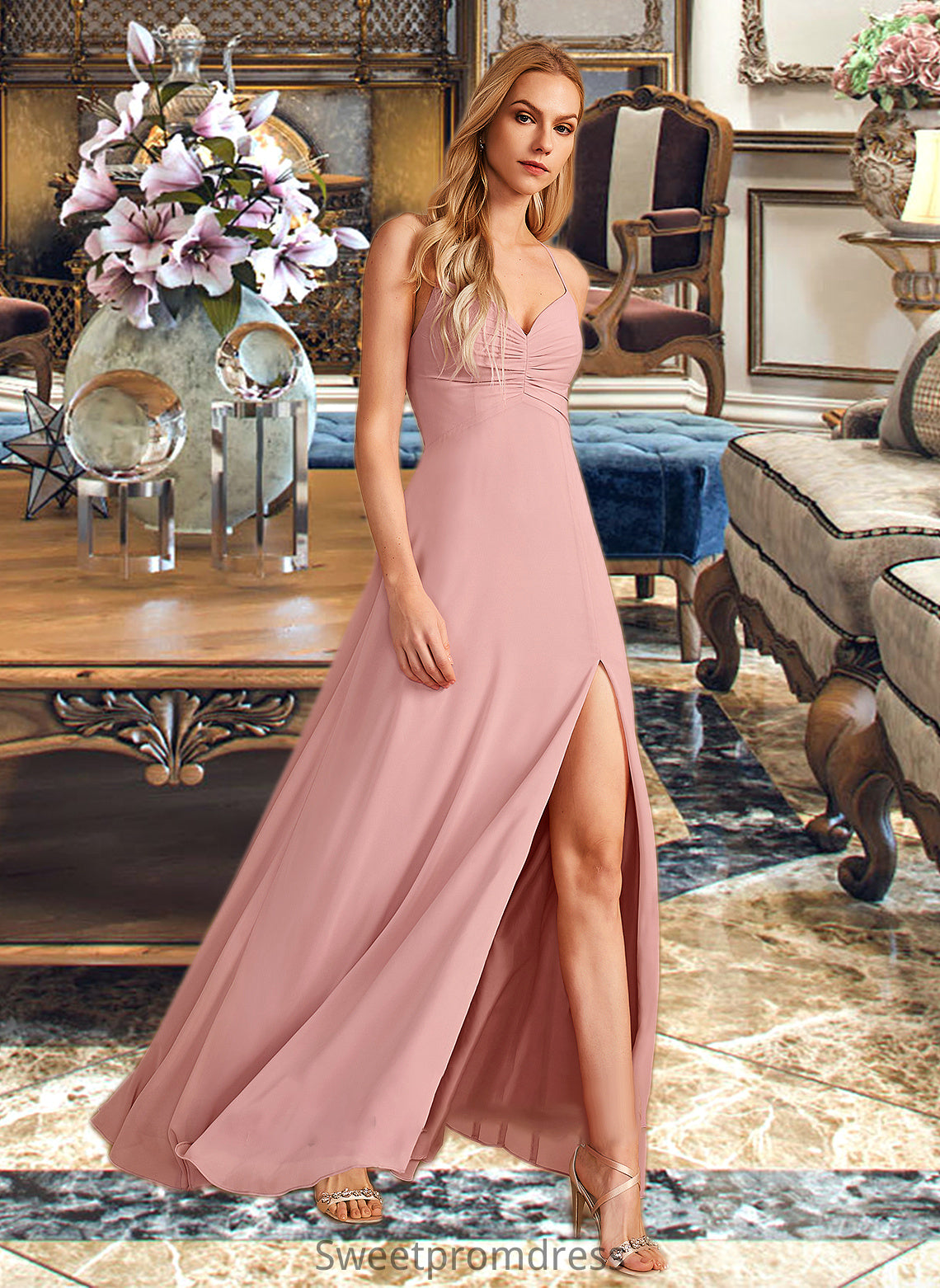 Myah A-Line V-neck Floor-Length Bridesmaid Dress With Split Front DHP0012959