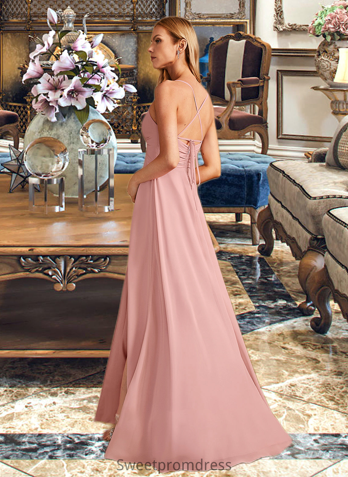 Myah A-Line V-neck Floor-Length Bridesmaid Dress With Split Front DHP0012959